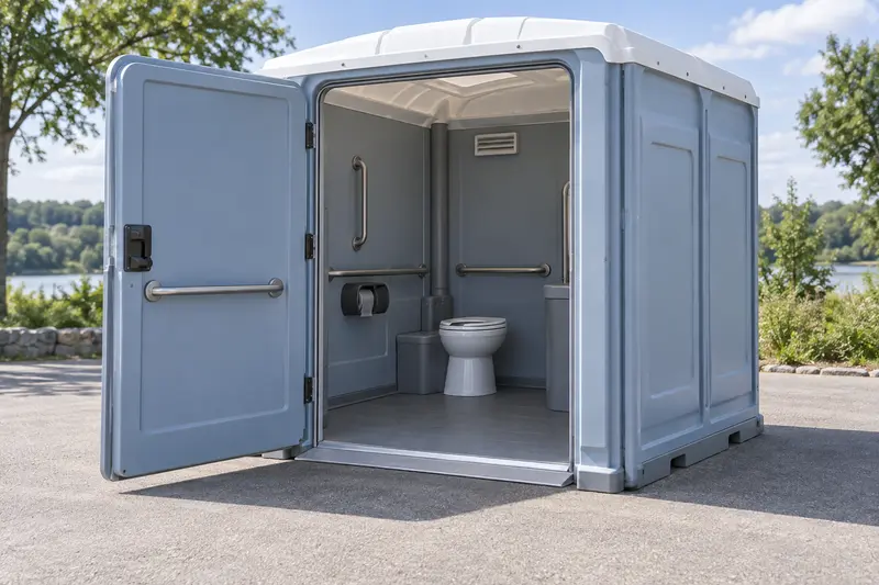 Wide-entry restroom with its doorway and fittings visible