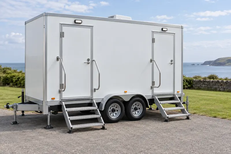 Restroom trailer with stairs and handrails