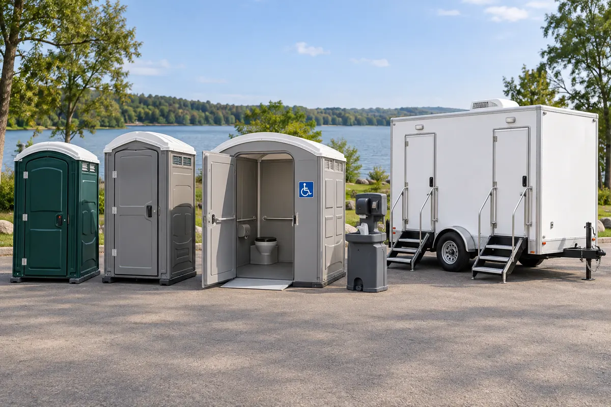 Illustrative lakeside lineup of portable toilet cabins, a wide-entry unit, handwashing and a restroom trailer