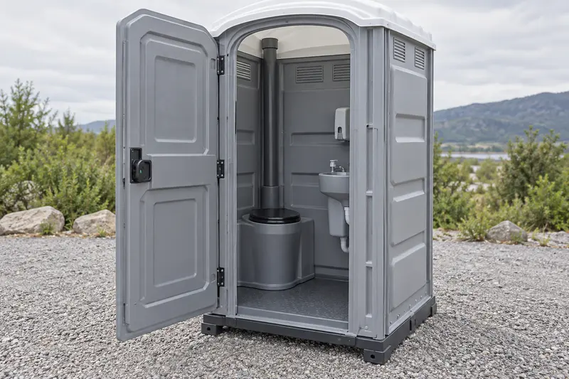 Open portable restroom with interior fittings